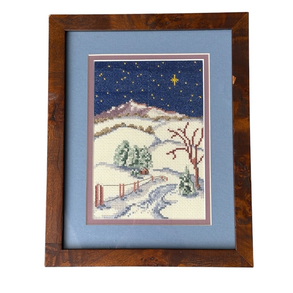 Vintage Cozy Cabin Snow Stars Mountain Crossstich Art Handmade Framed Artwork
